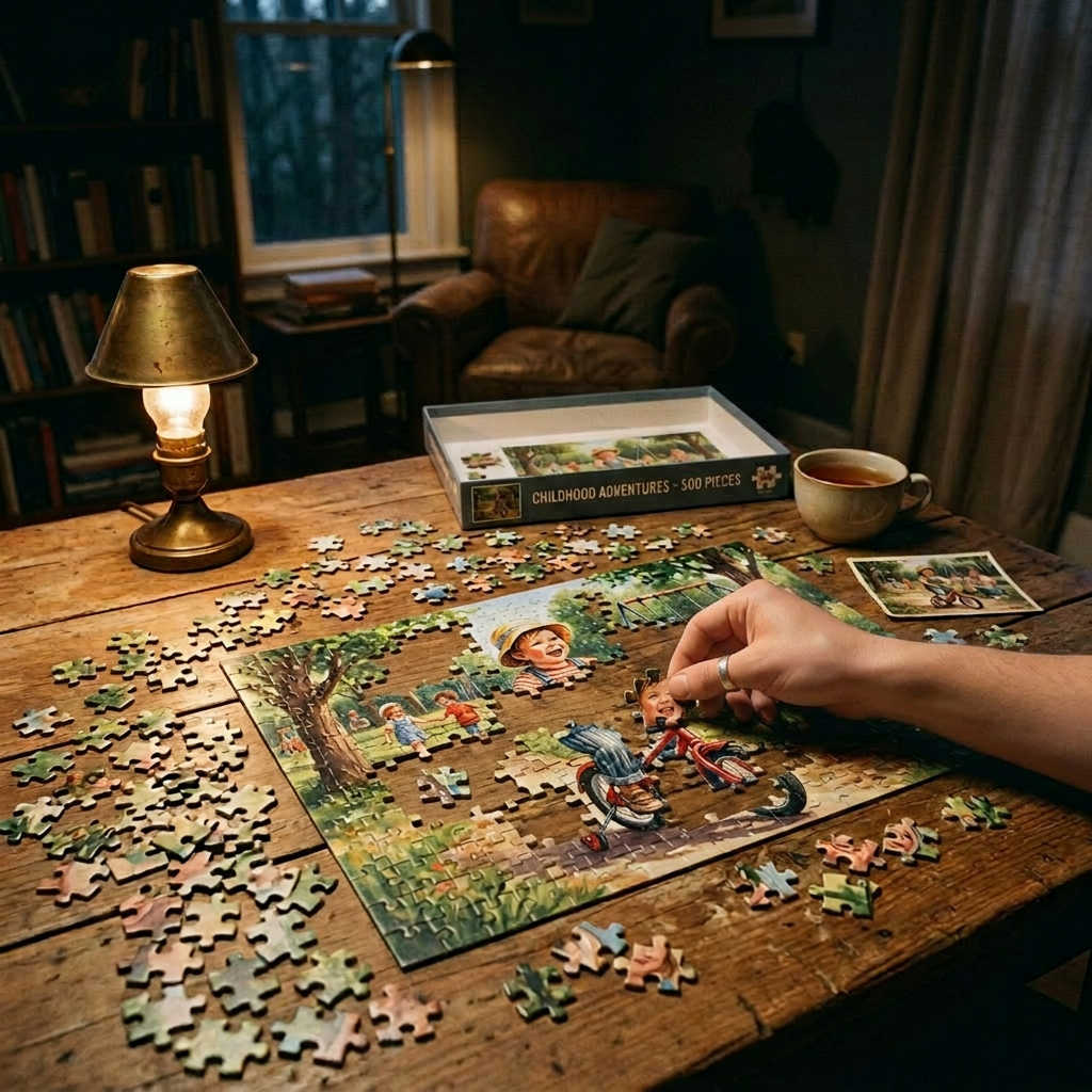 Hand placing puzzle piece on childhood adventure jigsaw puzzle showing children playing outdoors